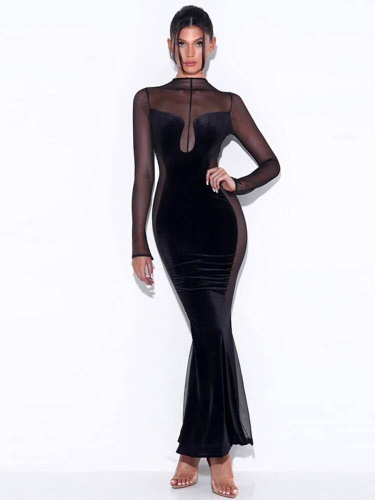 vmtvr - Elegant See Through Patchwork Maxi Dress for Women Gown Full Sleeve Fashion Zipper Velvet Bodycon Long Dresses Vestido