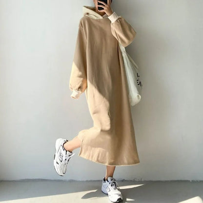 vmtvr Winter Fleece Thickened Dress Women's Solid Hooded Drawstring Korean Vintage Warm Casual Loose Versatile Side Split Dresses