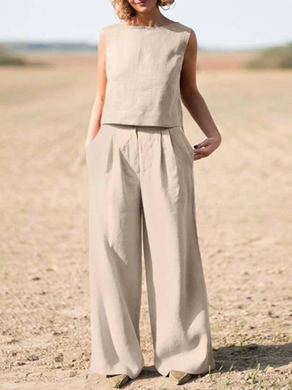 vmtvr Solid Cotton Linen Outfits Women Casual O Neck Sleeveless Pullover Blouse and Straight Pants Suits Summer Casual Loose 2Pc Sets