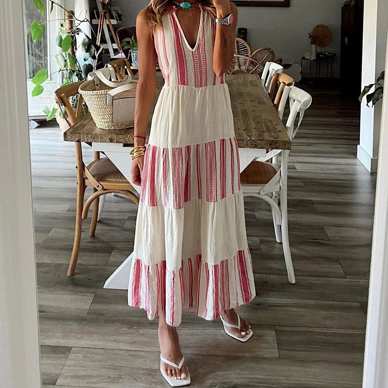 Shdowlass  -  Summer Elegant Sleeveless Pleated Long Dress Women Fashion Striped Print Tank Dress Sexy Deep V-neck Loose Bohemian Party Dress