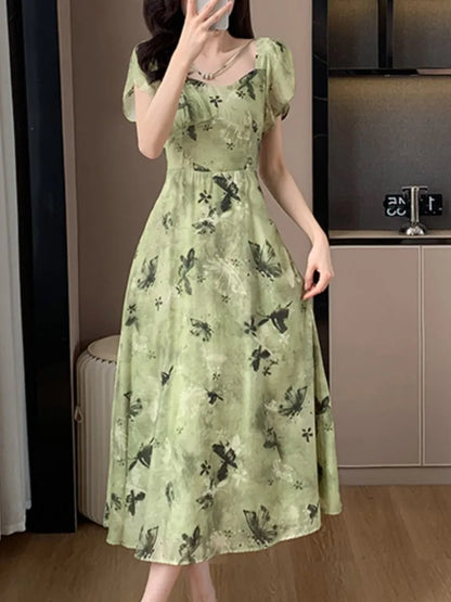 New Women Vintage Floral Print Midi Green Dress Elegant Chic A-Line Party Evening Clothes Female Fashion Casual Vestidos Robe