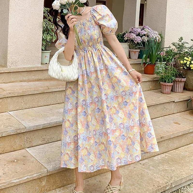 Vintage Puff Short Sleeve Flower Print Dress  Summer Elastic Waist Square Collar Dress French Loose Folds Floral Dress 27250