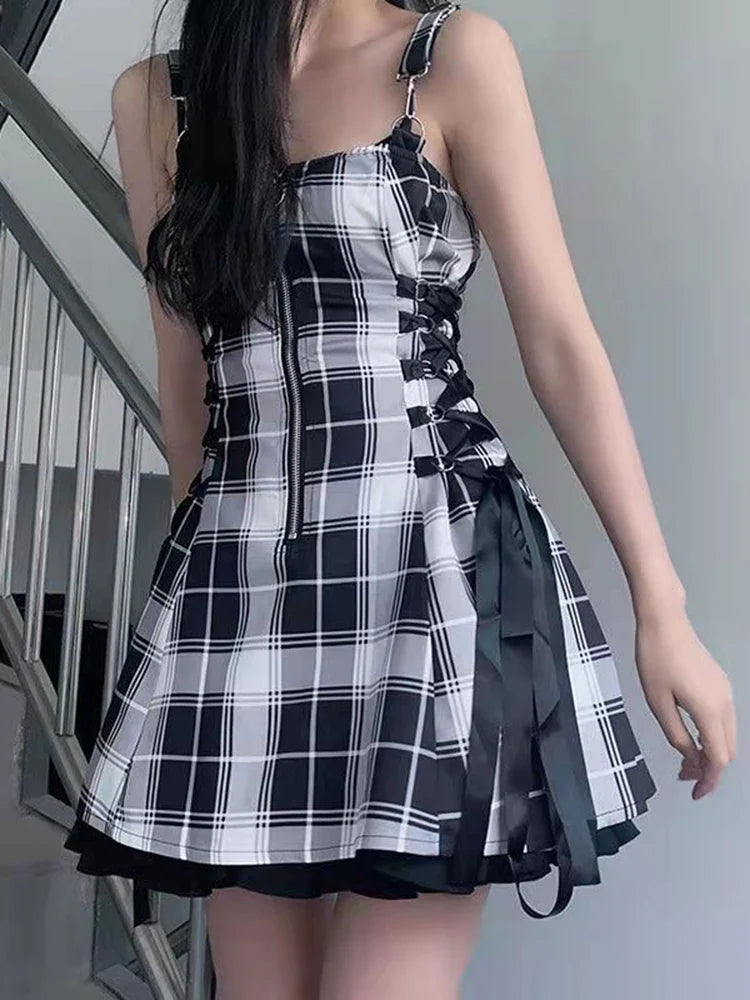 vmtvr  -  Kawaii Lolita Plaid Mini Dress Gothic E Girl Y2k Dresses Ulzzang Sweet Aesthetic Sets Sundress Fairy Grunge Cute Mall Dresses