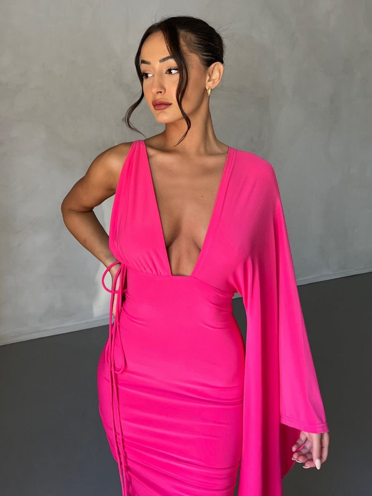 Rose Red Backless Maxi Dress Women Sexy Ruched Evening Party Dresses Fashion Elegant One Shoulder  Slim Long Summer Dress