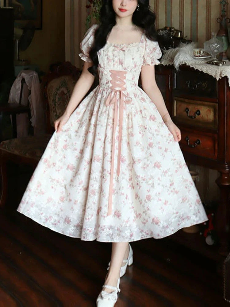 2024 Summer Lace Korean Fairy Dress Women Square Collar Princess Kawaii Floral Midi Dress Female Bandage Sweet Dresses Fashion