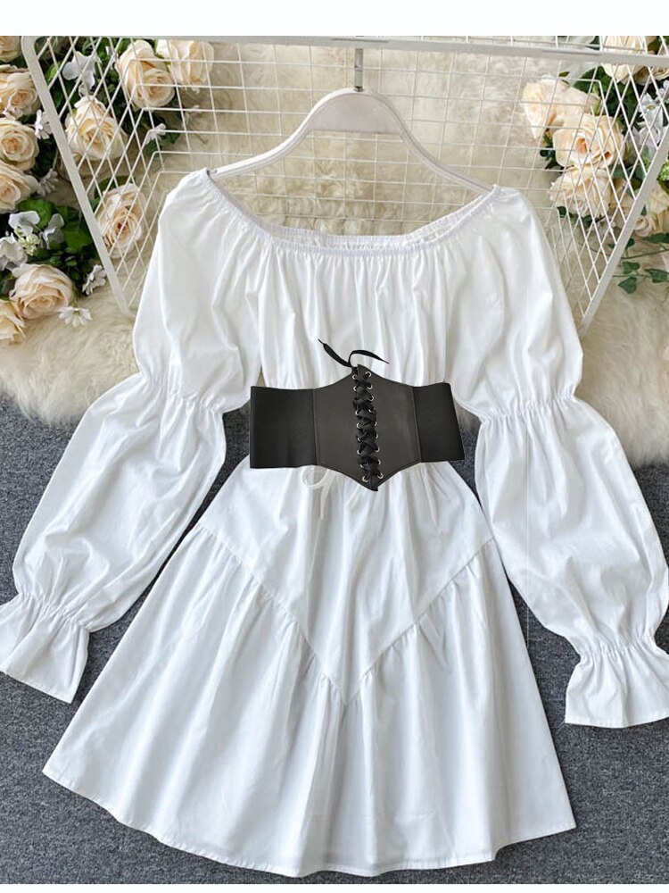 vmtvr Early Autumn Dress Retro Gothic Women White Black Bandage Mini Dress Sexy Off Shoulder Puff Sleeve Korean Vestidos