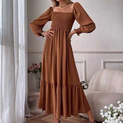 Women Maxi Dress Fashion Square Neck Long Flare Sleeve Nipped Waist Slim Ruffle Party Evening Dresses High Streetwear