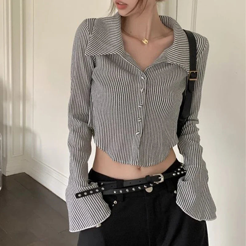 vmtvr Harajuku Striped Women Shirts Korean Fashion Flare Sleeve Sexy Cropped Tops Summer All Match Female Streetwear Slim Shirts