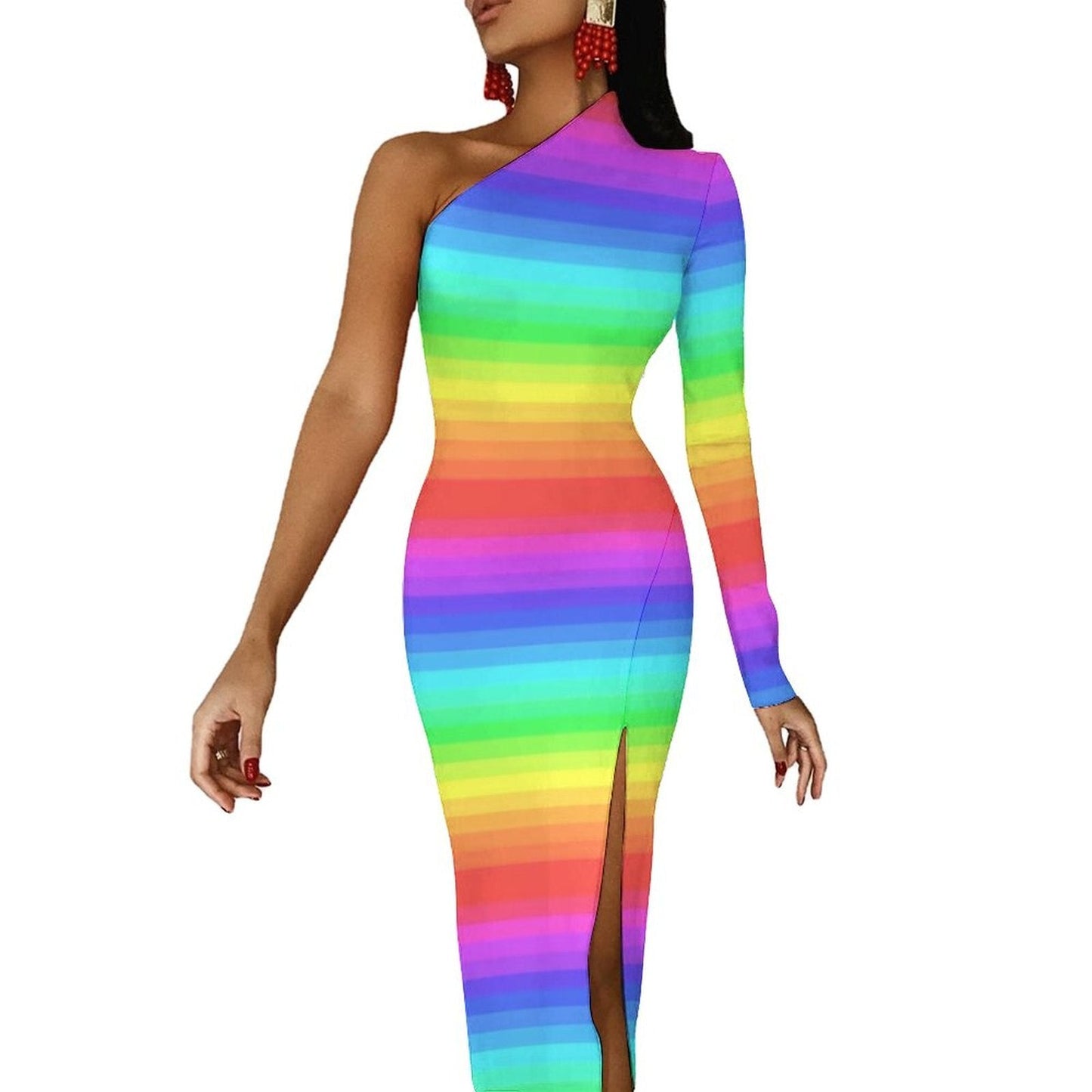 Rainbow Colors Maxi Dress Long Sleeve Colorful Aesthetic Cute Bodycon Dress High Slit Party Long Dresses Women Pattern Vestidos