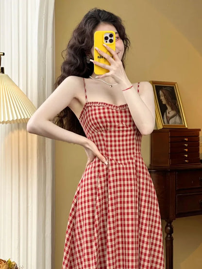 vmtvr Elegant Plaid Midi Dress Women French Vintage Spaghetti Strap A-line Spring Summer Holiday Beach Style Prom Robe Vestidos Mujer