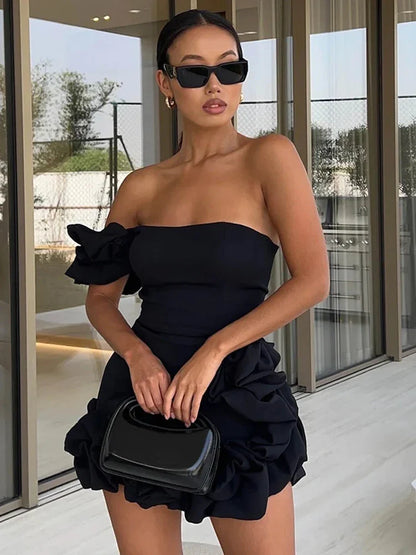 vmtvr - VC Black Mini Dress Women Sexy One Shoulder Sleeveless Slim Ruched Design High Street Wear Pretty Female Clothes