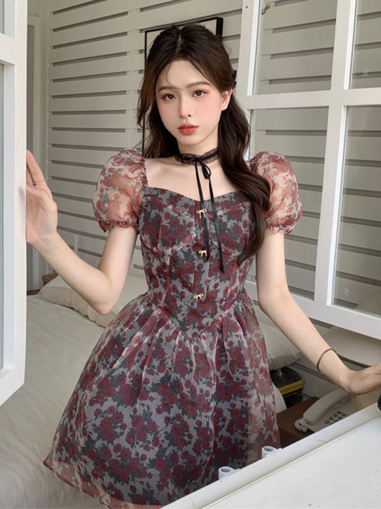 Vintage Flower Sexy Dress Women Summer Elegant Party Mini Dresses Female Designer Chic Holiday Korean Fashion Dress 2023 Casual