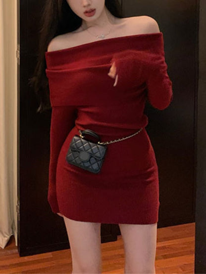 Red Winter Vintage Knitted Dress Women Sexy Bodycon Elegant Party Mini Dress Female Off Shoulder Chic Korean Fashion Dress