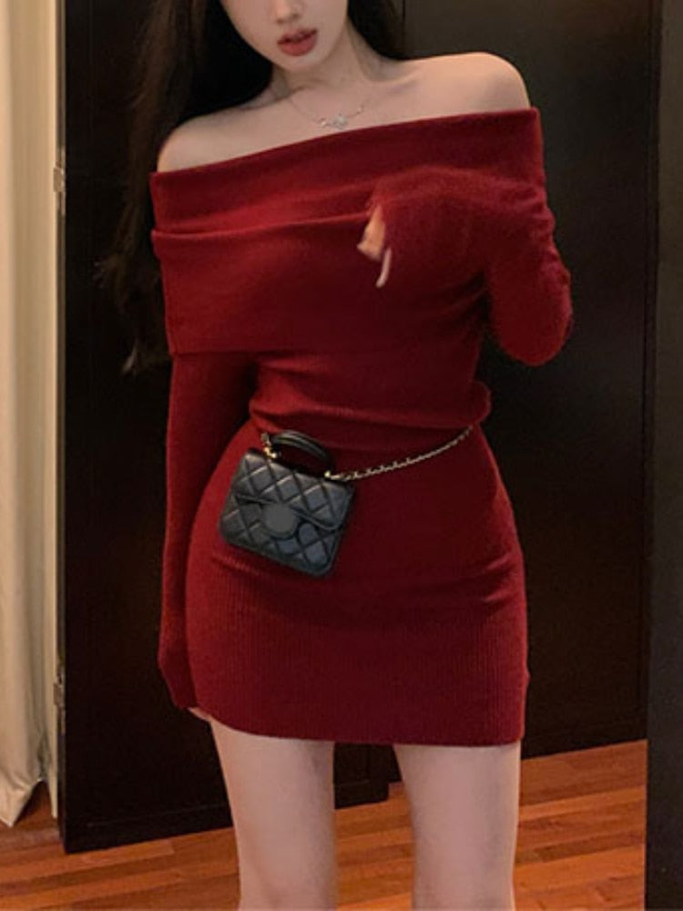 Red Winter Vintage Knitted Dress Women Sexy Bodycon Elegant Party Mini Dress Female Off Shoulder Chic Korean Fashion Dress 2023