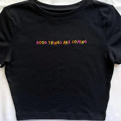 -Retro sports style outfit streetwear 90s fashion Good Things Are Coming Rainbow Letters Embroidered Printing Crop Tops Short Sleeve Slim Sexy Cotton Shirts Ins Fashion Y2K Tees