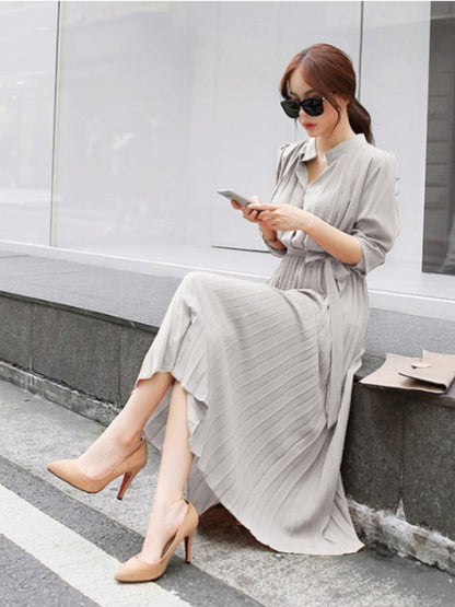 vmtvr Elegant Chiffon Long Sleeve Shirt Dress Women Belt Lace Up A-line Pleated Maxi Dress Korean Fashion Fall Clothes Streetwear