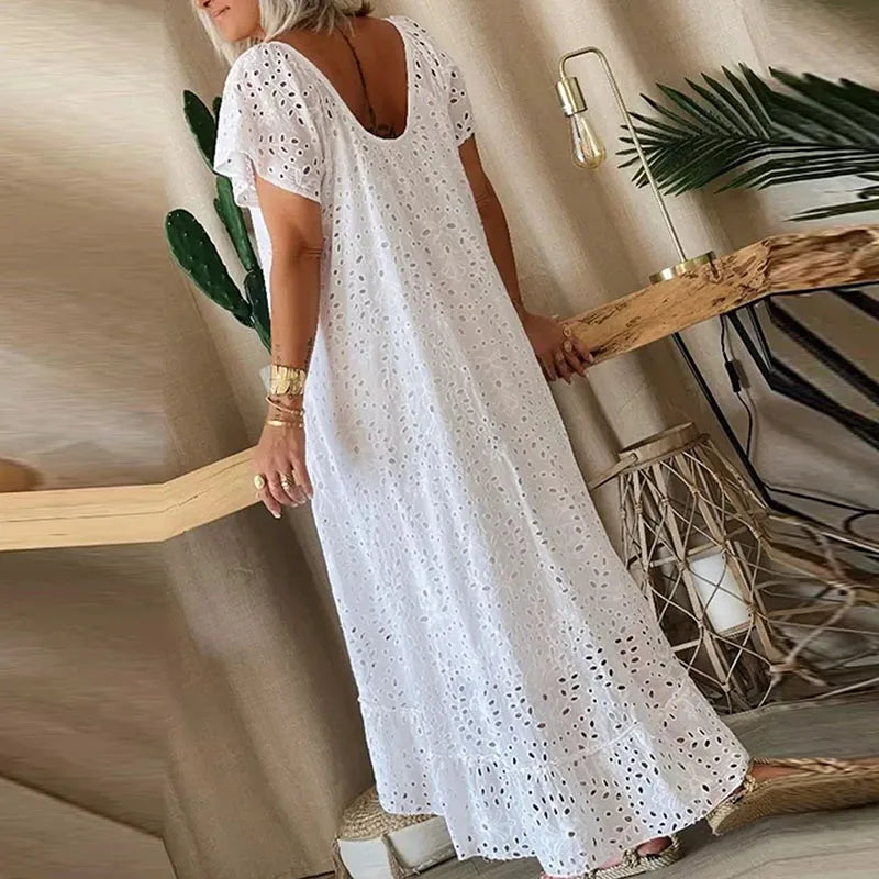 Fashion O-neck Ruffled Long Dress 2024 Elegant Lace Crochet Hollow Loose Party Dress Women Casual Short Sleeve Solid Maxi Dress