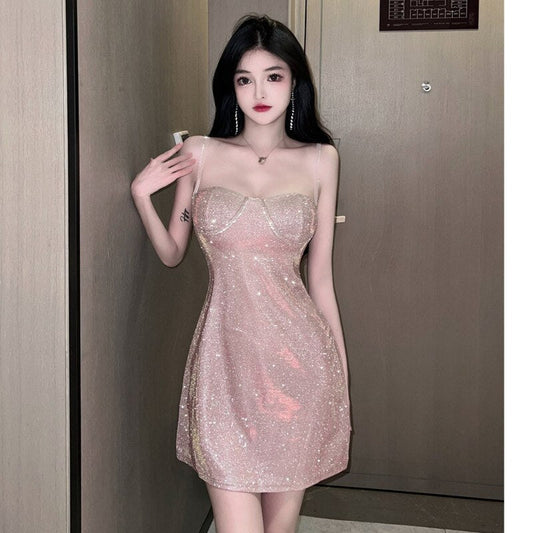 vmtvr - Gold Shiny Mini Dress Women Backless Sexy Short Dress Female Sleeveless Strapless A-line Sequins Dress Spaghetti Straps