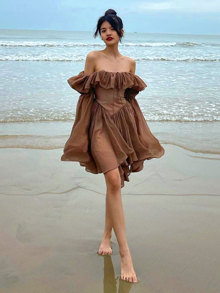 vmtvr Elegant Chiffon Corset Dress Brown Flare Long Sleeve Mini Dresses Vacation Short Party Dress Ruffles Slash Neck Outfit