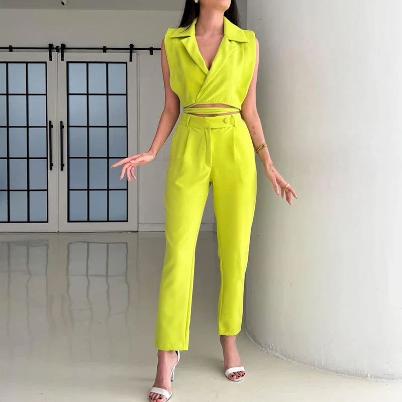 vmtvr New Summer High Street Slim Two Piece Set Ladies Elegant Commuting Party Outfits Casual Lapel Sleeveless Top and Long Pants Suit