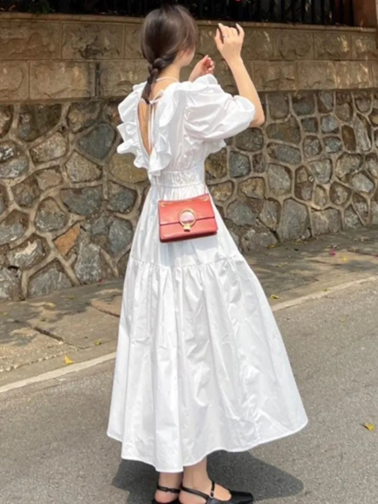 vmtvr Woman Backless White Casual Dresses Summer Chic Ruffles A-line Beach Vestidos Korean One-piece Short Sleeve Clothing