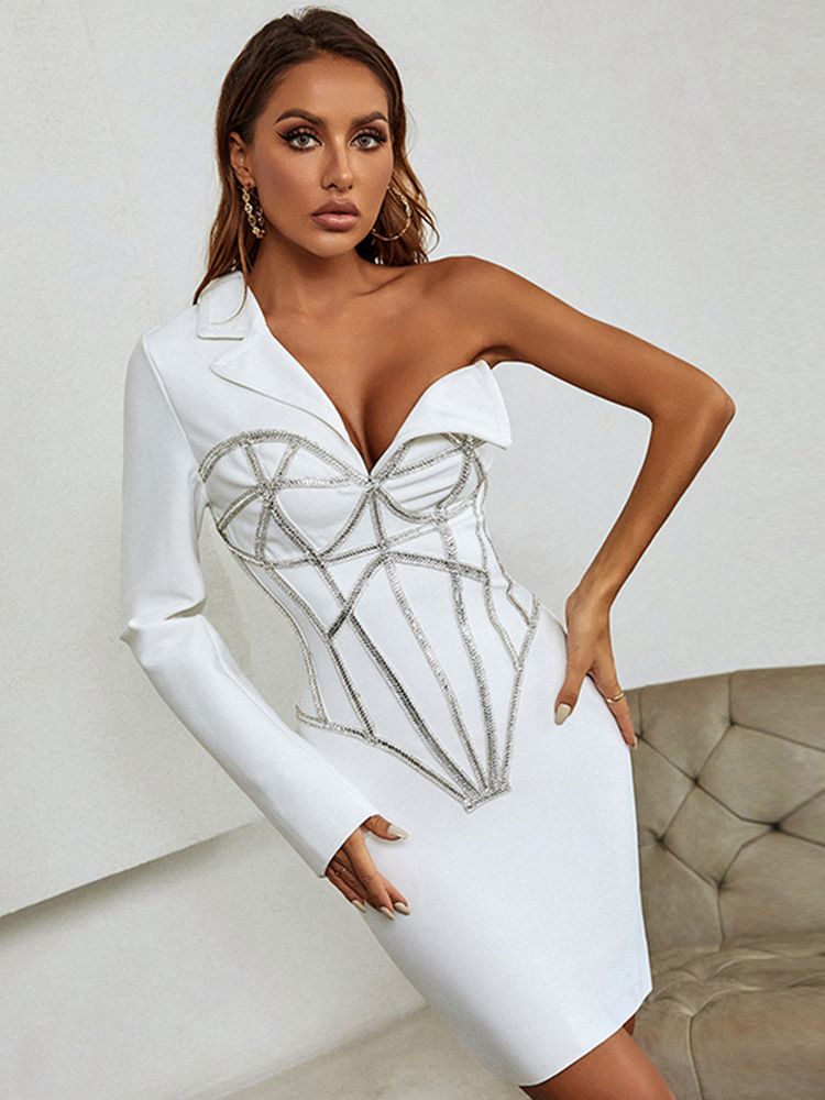 vmtvr - 2023 Fall New Women's Diamond Beaded Mini Skinny Sexy V-neck Single Sleeve Bandage Dress Celebrity Runway Party Dress