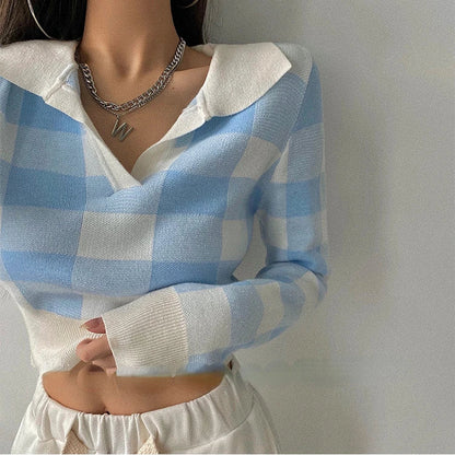 -Fall Outfits -Fall Outfits Long Sleeve Top Autumn Winter Vintage Knitwear Crop Tops Women Pullover Sweaters Fashion Female Long Sleeve Elastic Casual Plaid Knitted Shirts