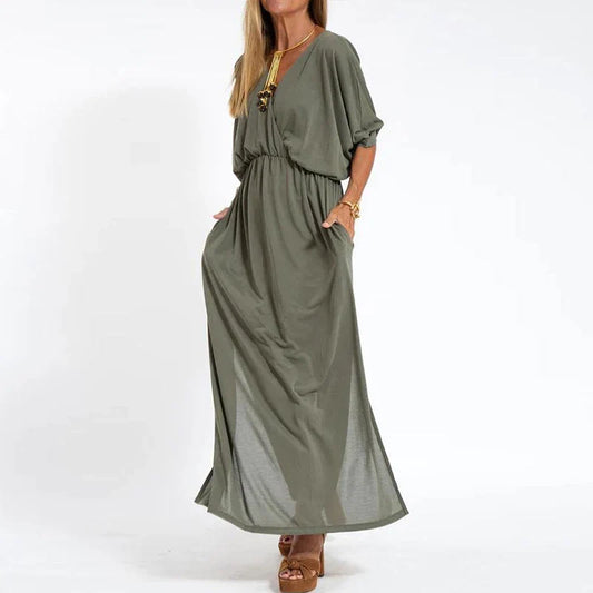 vmtvr Bohemian V Neck High Waist Long Dress Women 2024 Spring Solid Side Split A-Line Party Dress Summer Short Sleeve Loose Maxi Dress