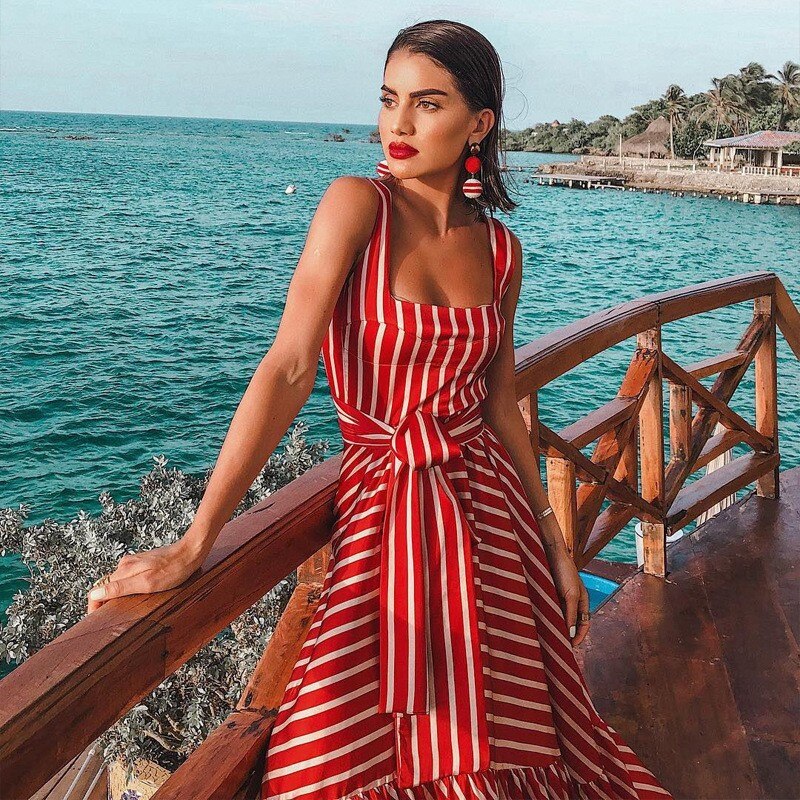 vmtvr Women Dress Striped 2024 summer beach dress Bohemia Dress Sexy Long Maxi Dresses Bow Lace Up Ruffles Long Summer Dress