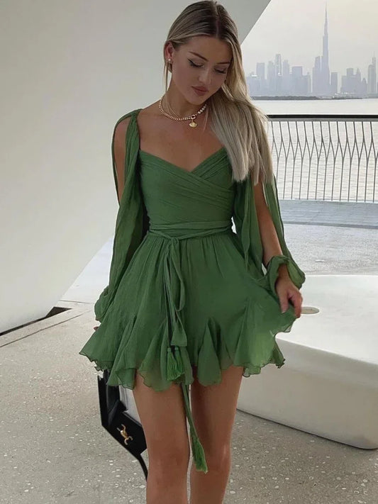 vmtvr Sexy Green Pleated Mini Dress for Women Elegant V-neck Split Long Sleeve A-line Dresses Summer Lady Solid Backless Lace Up Robes