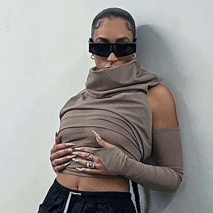 -Fall Outfits  Asymmetrical Crop Top One Sleeve Hooded Backless Fitted T Shirts Streetwear Women Clothing