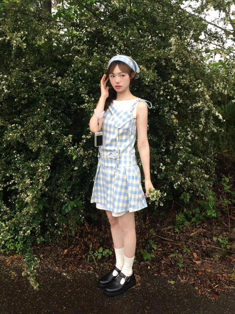 vmtvr 2000s Vintage Blue Plaid Fake Two Piece Dress Women Casual Retro Y2k Mini Dress Summer 2024 Japanese Fashion Sweet Cute Dress