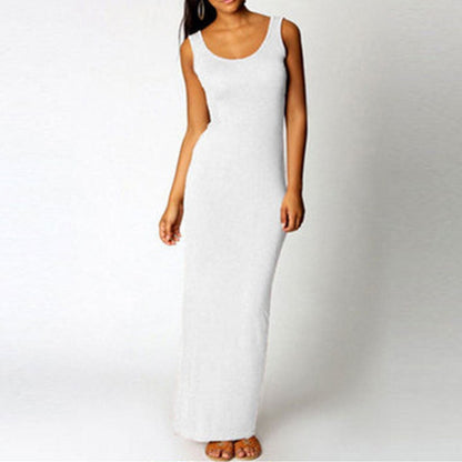 Sleeveless Women High Stretch Tank Robe Summer O-neck Bodycon Long Dress Ladies Solid Slim Beach Maxi Dresses Vestidos De Verano