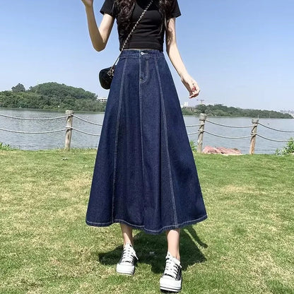 vmtvr Vintage Women Solid Jeans Skirts Summer Fashion Casual Female Loose Midi Skirts Y2K All Match High Waist A Line Denim Skirts