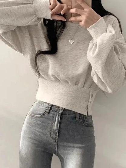 -Fall Outfits y2k Long Sleeve Top -Autumn Sweatshirt Women Harajuku Crop Long Sleeve Top Female Korean Chic Sporty Hoodies Ladies Vintage Casual Button Sweatshirts Streetwear