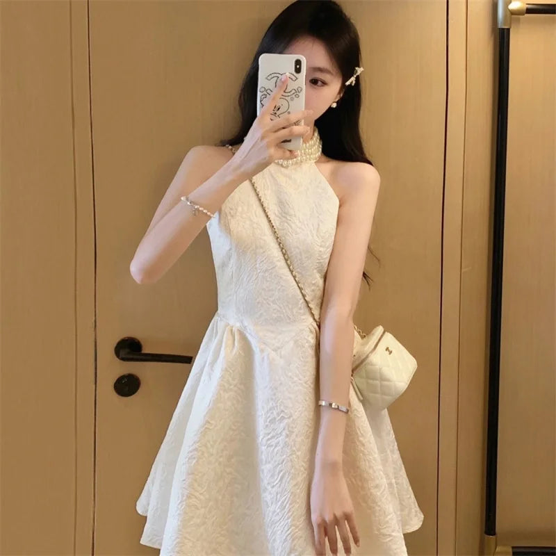 vmtvr Summer Pearl Halter Collar Dress Women Elegant Sleeveless New Sexy A Line Jacquard Mini Dress White Birthday Party Vestidos