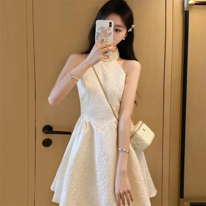 vmtvr Summer Pearl Halter Collar Dress Women Elegant Sleeveless New Sexy A Line Jacquard Mini Dress White Birthday Party Vestidos