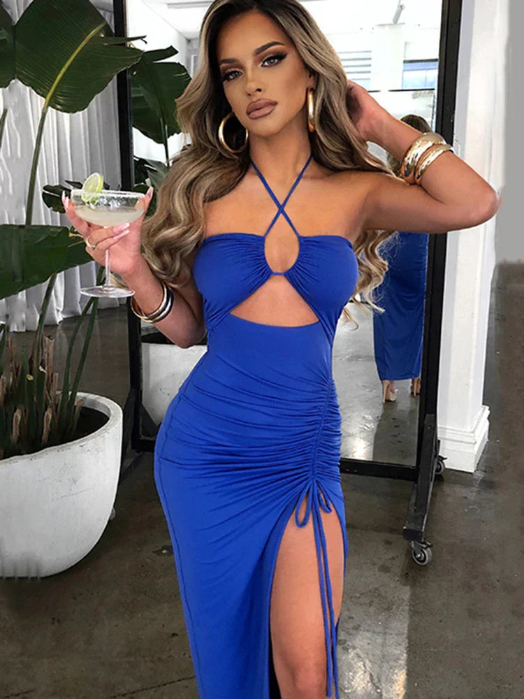 vmtvr Hot Summer Sexy Halter Backless Sleeveless Cut Out Maxi Dress for Women Elegant Club Party Slit Dresses Vestido