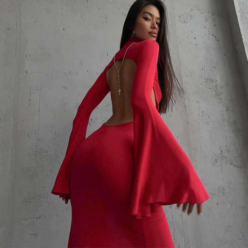 Open Back Sexy Split Maxi Dress Elegant Outfits for Women Chic Flare Sleeve Party Club Fashion Red Dresses Vestido