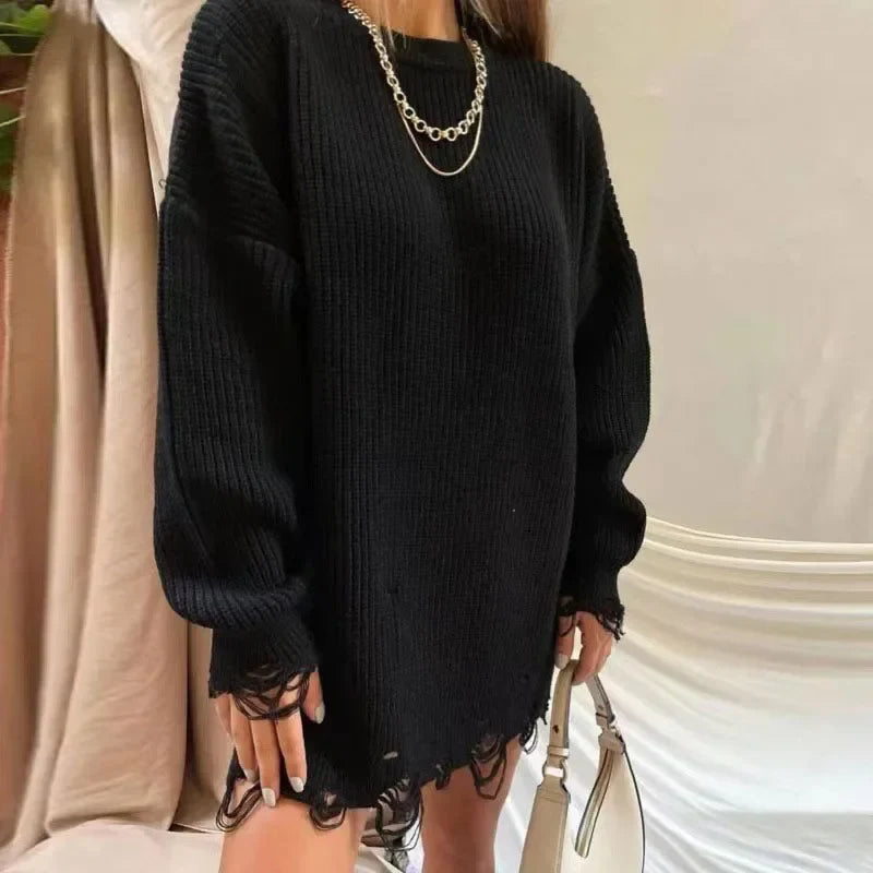 vmtvr Women Long Sleeve Mini Sweater Dress Autumn Winter Ripped Hole Knit Pullover Dress Casual Loose Oversize Knitted Short Dresses