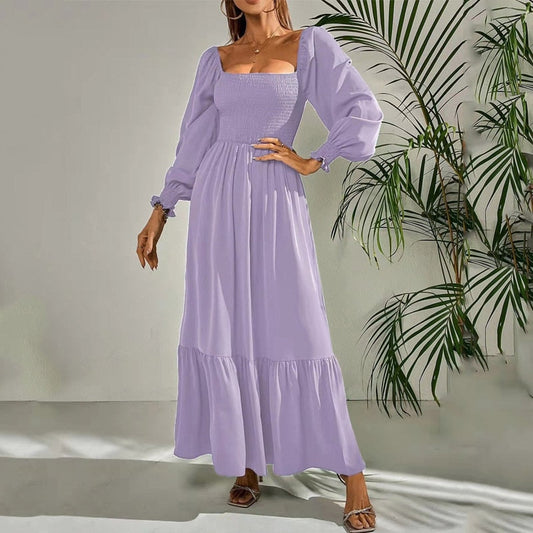 Women Maxi Dress Fashion Square Neck Long Flare Sleeve Nipped Waist Slim Ruffle Party Evening Dresses High Streetwear