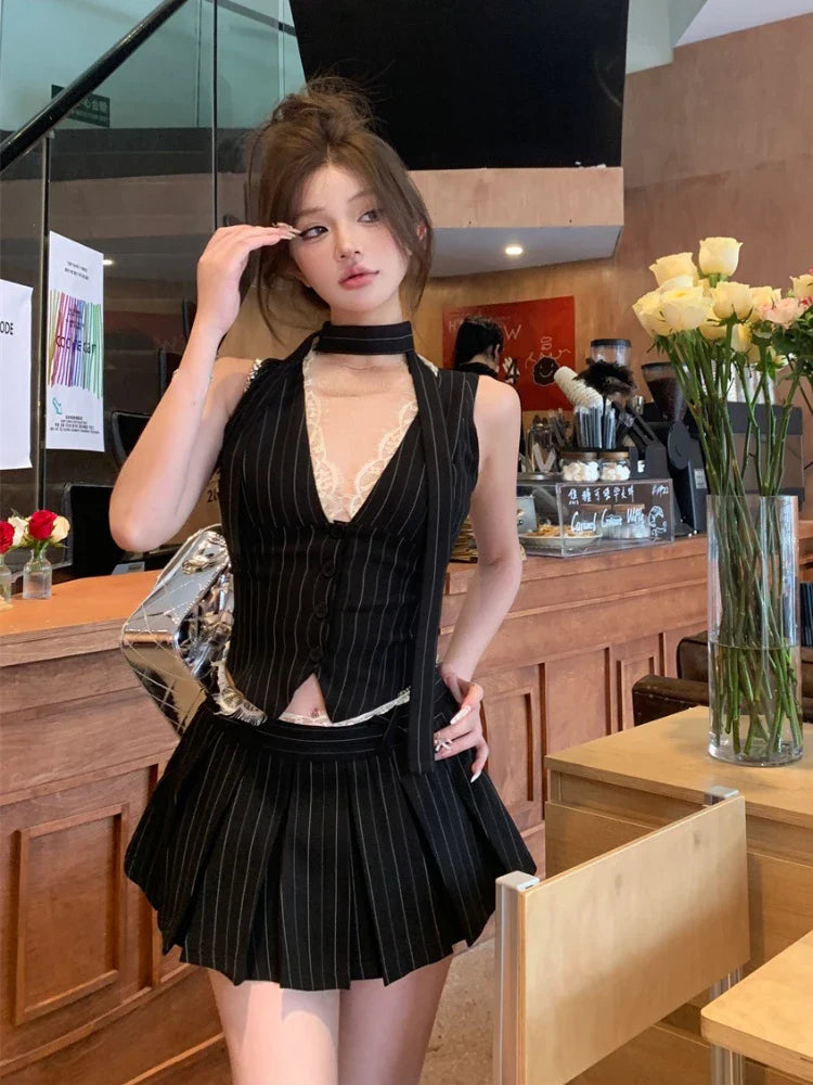 vmtvr 2024 Summer New Two Piece Set Streetwear V-neck Lace Patchwork Striped Casual Camisole Women + High Waist Pleated A-line Skirt