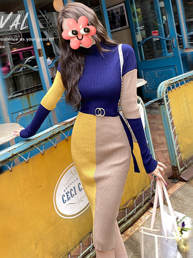 Women Dress Autumn Winter Elegant Color Patchwork Knitted Sweater Dress with Belt Office Lady Package Hips Bodycon