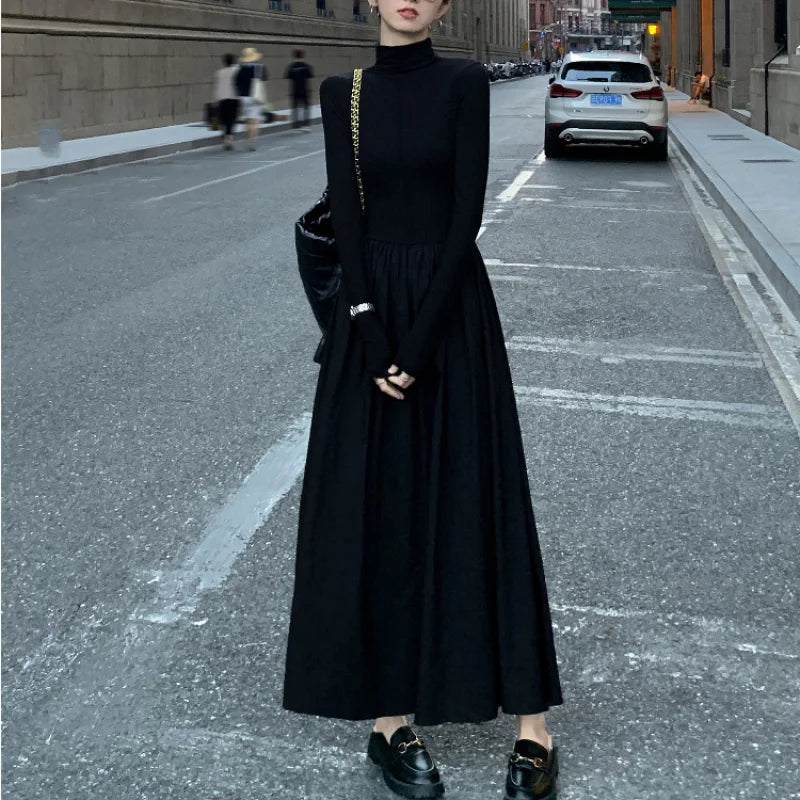 vmtvr  -  New Autumn French Midi Dresses Women Elegant Chic Turtleneck Fashion Casual A-Line Black Long Sleeve Cotton Female Clothing