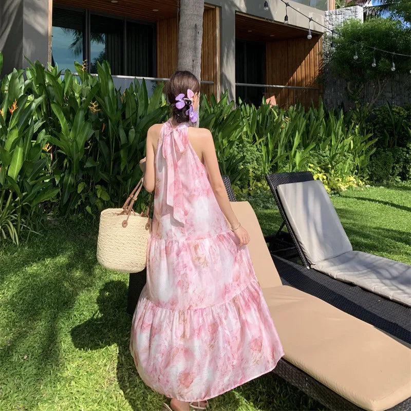 vmtvr O-Neck Elegant Women Summer Loose Dress Vacation Pink Floral Fairy Lolita Dresses Popular Bow Long Grunge Sleeveless Robe 2024