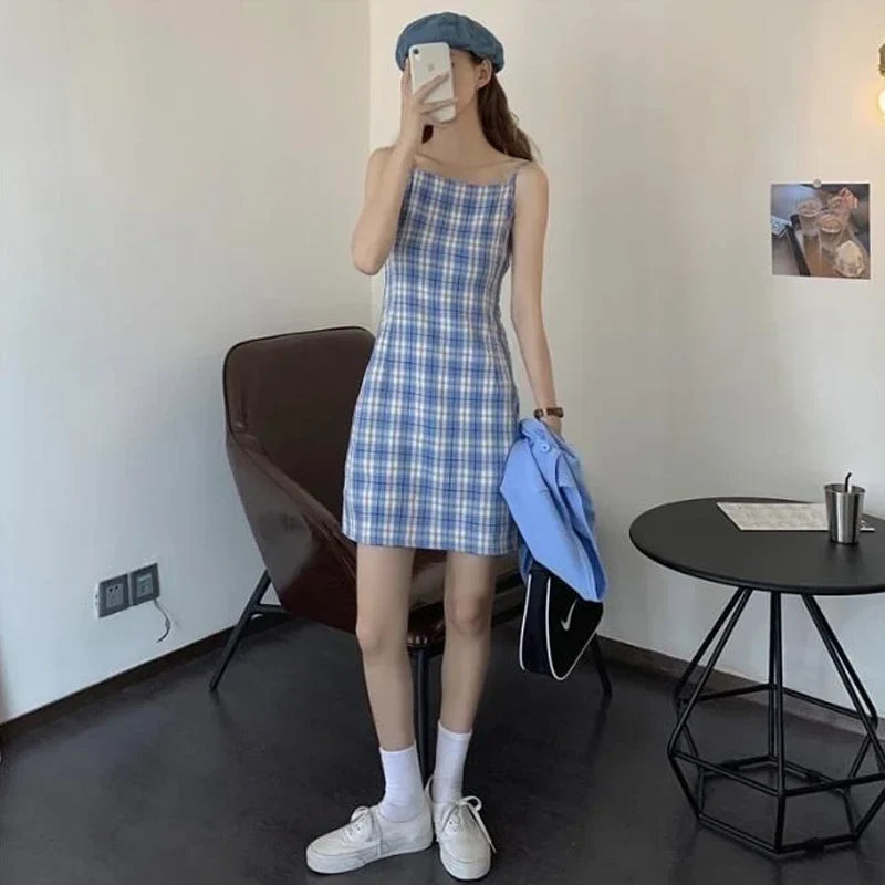 Summer New Matching Sets Sweet Slim Plaid Slip + Solid color long sleeve Cardigan Prairie Chic A-line Two-piece Dress Suits