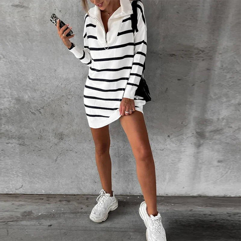 vmtvr Women Casual Zipper Lapel Sweatshirt Dress Autumn Striped Print Knitted Pullover Dress New Winter Long Sleeve Warm Sweater Dress