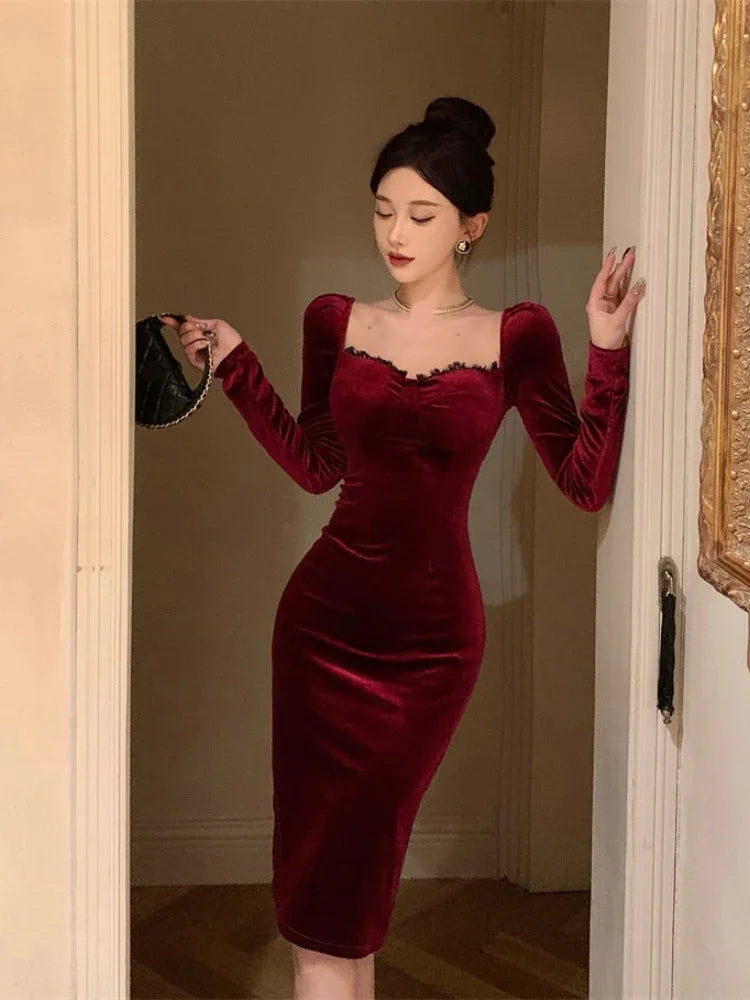 vmtvr Autumn Winter Dresses Women Elegant Sexy Square Collar Slim Long Sleeve Vintage Velvet Dress Female French Style Chic