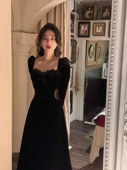 vmtvr Autumn Black Velvet Midi Dress Casual Korean Fashion Elegant Party Dress Woman Long Sleeve Vintage Lace Dress Slim Design