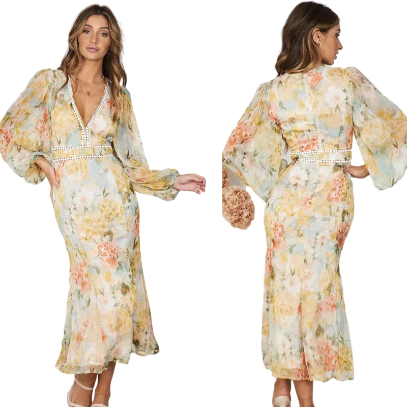 vmtvr   -   Hollow Out Lantern Sleeve Spring Women's Dress Printed Floral Midi Summer Dress V Neck Boho Yellow Sundress Party